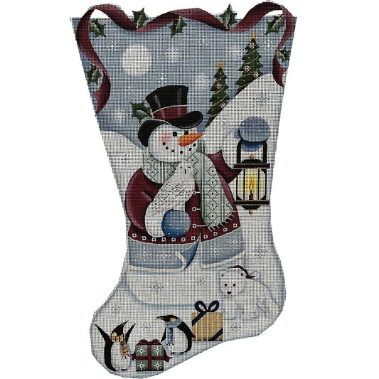 Rebecca Wood Designs Arctic Snowman with Tree Stocking Needlepoint Canvas - 18M