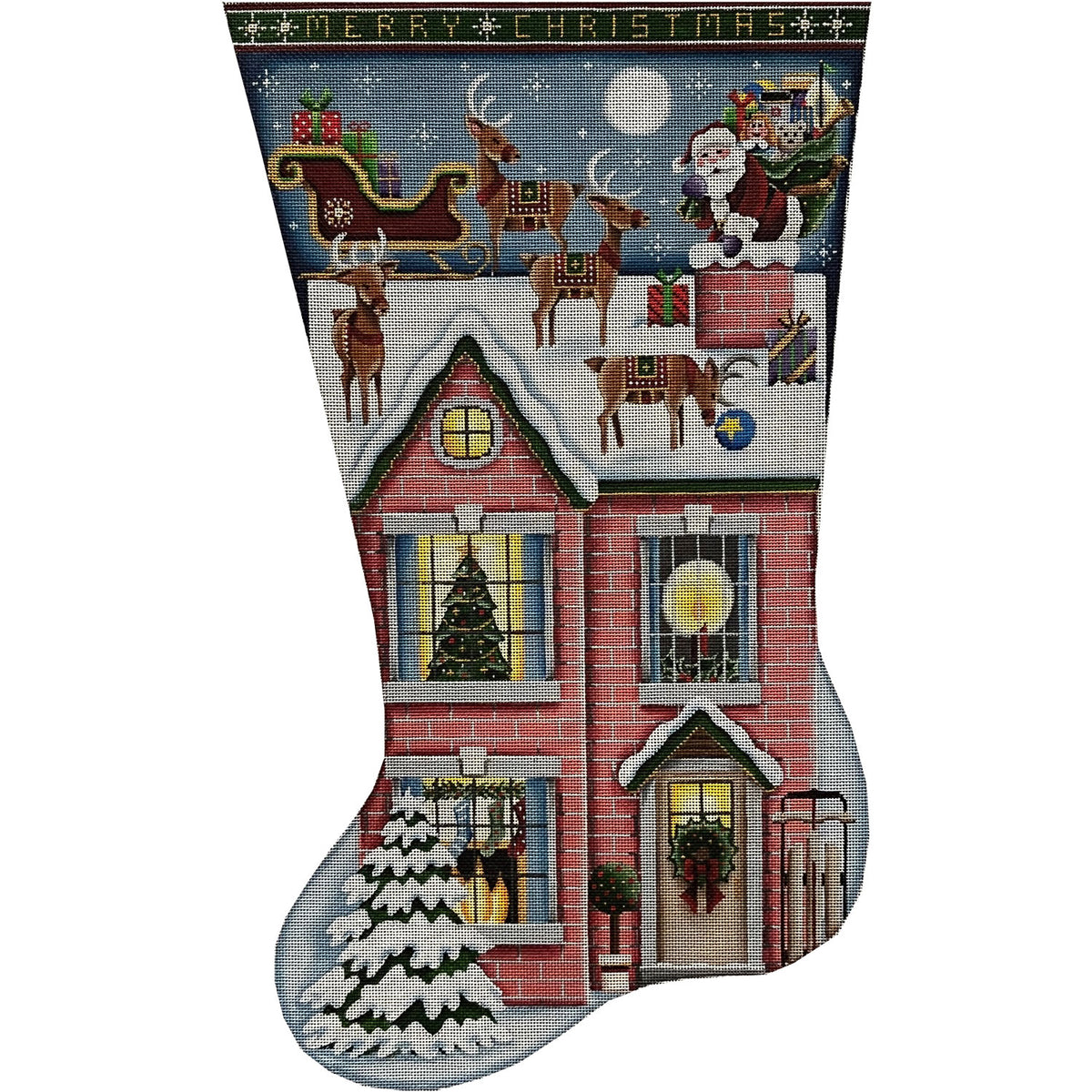 Rebecca Wood Designs Merry Christmas Santa & Sleigh Stocking Needlepoint Canvas - 18M