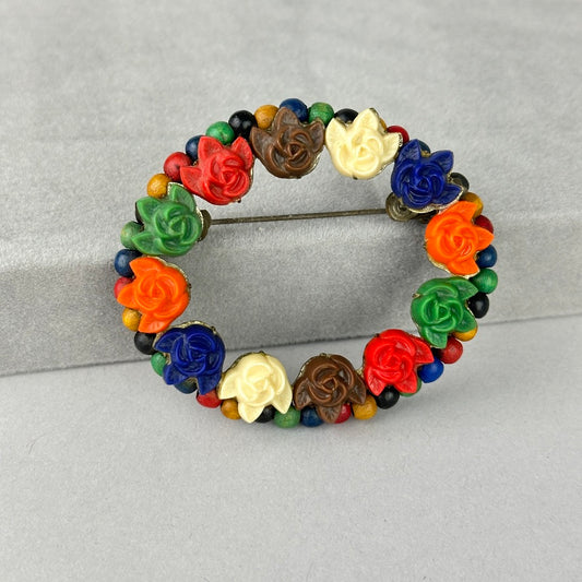 Vintage Multi Colored Celluloid Floral Wreath Brooch