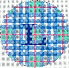 Kate Dickerson Needlepoint Collections Bright Disk Letter Madras Plaid Turquoise Blue and Pink with Blue Letter Specify Letter Or Blank Needlepoint Canvas