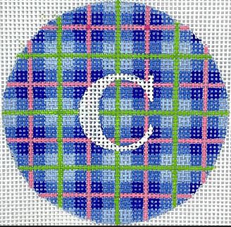 Kate Dickerson Needlepoint Collections Bright Disk Letter Madras Plaid Blue Lime and Bubblegum Pink with White Letter Specify Letter Or Blank Needlepoint Canvas