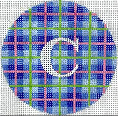 Kate Dickerson Needlepoint Collections Bright Disk Letter Madras Plaid Blue Lime and Bubblegum Pink with White Letter Specify Letter Or Blank Needlepoint Canvas