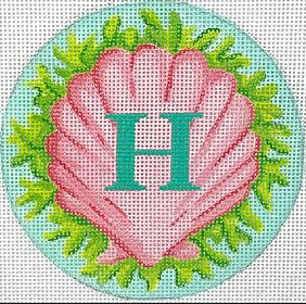 Kate Dickerson Needlepoint Collections Round Pink Scallop and Green Seaweed with Turquoise Letter Specify Letter Or Blank Needlepoint Canvas