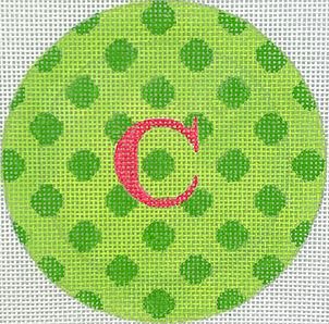 Kate Dickerson Needlepoint Collections Round Polka Dots Green on Lime with Watermelon Letter Specify Letter Or Blank Needlepoint Canvas