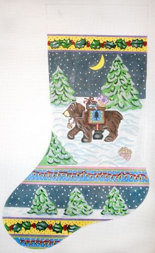 The Meredith Collection Bear with Blanket Bells Holly in Snow Needlepoint Canvas