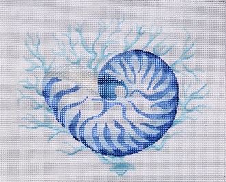 Kate Dickerson Needlepoint Collections Nautilus Shell with Coral All In Shades Of Blue Needlepoint Canvas