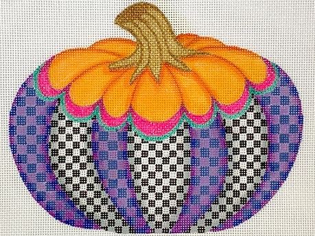 Kate Dickerson Needlepoint Collections Funky Punkin Pumpkin Stand-Up Three Orange Top Multi Checkerboard Bottom Needlepoint Canvas