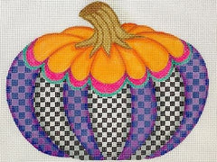 Kate Dickerson Needlepoint Collections Funky Punkin Pumpkin Stand-Up Three Orange Top Multi Checkerboard Bottom Needlepoint Canvas