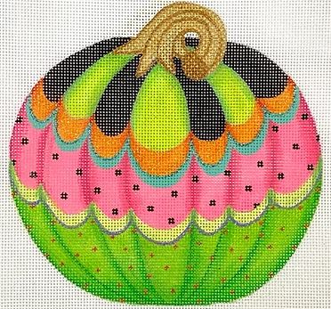 Kate Dickerson Needlepoint Collections Funky Punkin Pumpkin Stand-Up Seven Black Lime Striped Top Orange Turquoise Watermelon Lime Middle Green Bottom Needlepoint Canvas