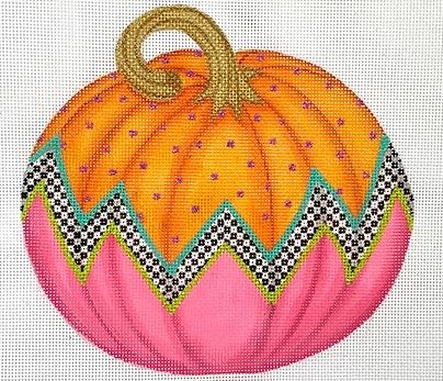 Kate Dickerson Needlepoint Collections Funky Punkin Pumpkin Stand-Up Nine Orange Top Checkerboard Zigzag Watermelon Bottom Needlepoint Canvas