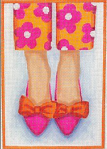 Kate Dickerson Needlepoint Collections Heres Looking At Shoe Pointy Flats with Bows Orange with Hot Pink Needlepoint Canvas