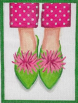 Kate Dickerson Needlepoint Collections Heres Looking At Shoe Preppy Pompom Indian Mules Hot Pinks and Greens Needlepoint Canvas