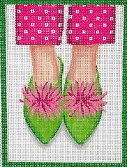 Kate Dickerson Needlepoint Collections Heres Looking At Shoe Preppy Pompom Indian Mules Hot Pinks and Greens Needlepoint Canvas