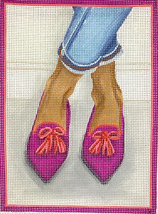 Kate Dickerson Needlepoint Collections Heres Looking At Shoe Pointy Flats with Tassels Plum with Red and Pink Needlepoint Canvas