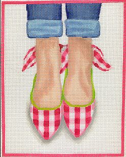 Kate Dickerson Needlepoint Collections Heres Looking At Shoe Gingham Wedges with Bows on The Backs Watermelon Pink and Lime Needlepoint Canvas