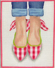 Kate Dickerson Needlepoint Collections Heres Looking At Shoe Gingham Wedges with Bows on The Backs Watermelon Pink and Lime Needlepoint Canvas