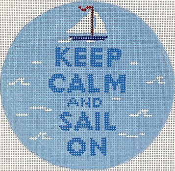 Kate Dickerson Needlepoint Collections Round Keep Calm and Sail on On Sky Blue Needlepoint Canvas