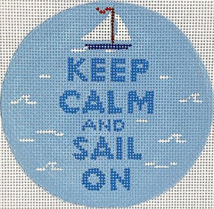 Kate Dickerson Needlepoint Collections Round Keep Calm and Sail on On Sky Blue Needlepoint Canvas