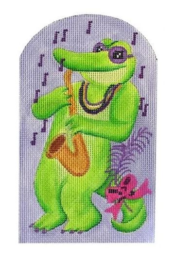 Kate Dickerson Needlepoint Collections Mardi Gras Mini Jazzy Gator Greens Golds and Purples Needlepoint Canvas