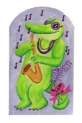 Kate Dickerson Needlepoint Collections Mardi Gras Mini Jazzy Gator Greens Golds and Purples Needlepoint Canvas