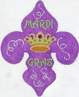 Kate Dickerson Needlepoint Collections Mardi Gras Mini Mardi Gras Fleur De Lys with Crown and Confetti Needlepoint Canvas