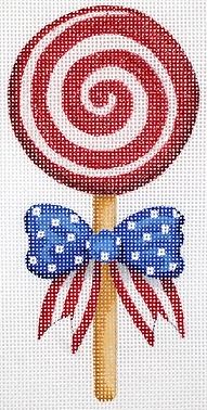 Kate Dickerson Needlepoint Collections Mini Patriotic Swirly Lollipop with Bow Red White and Blue with Tans Needlepoint Canvas
