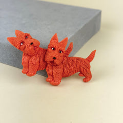 Vintage Celluloid Nodding Pair of Scottie Dogs Brooch Japan