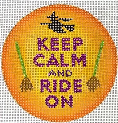 Kate Dickerson Needlepoint Collections Round Keep Calm and Ride on Halloween Oranges and Black Needlepoint Canvas