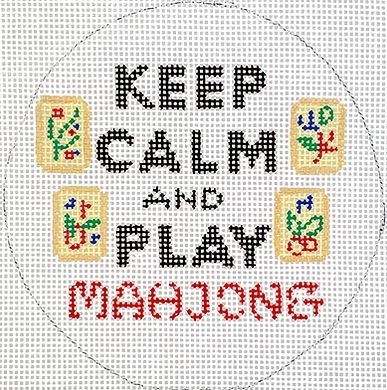 Kate Dickerson Needlepoint Collections Round Keep Calm and Play Mahjong Red Black Ivory Green and Blue on White Needlepoint Canvas