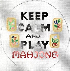 Kate Dickerson Needlepoint Collections Round Keep Calm and Play Mahjong Red Black Ivory Green and Blue on White Needlepoint Canvas