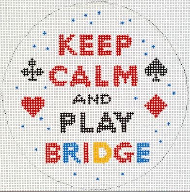 Kate Dickerson Needlepoint Collections Round Keep Calm and Play Bridge Red Black Yellow and Blue on White Needlepoint Canvas