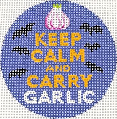 Kate Dickerson Needlepoint Collections Round Keep Calm and Carry Garlic Halloween Multi on Orange Needlepoint Canvas