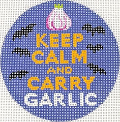Kate Dickerson Needlepoint Collections Round Keep Calm and Carry Garlic Halloween Multi on Orange Needlepoint Canvas