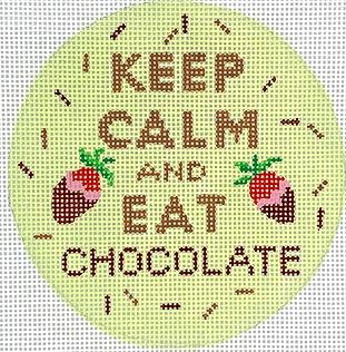 Kate Dickerson Needlepoint Collections Round Keep Calm and Eat Chocolate Multi on Light Green Needlepoint Canvas