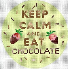 Kate Dickerson Needlepoint Collections Round Keep Calm and Eat Chocolate Multi on Light Green Needlepoint Canvas