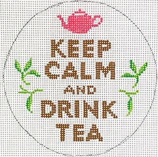 Kate Dickerson Needlepoint Collections Round Keep Calm and Drink Tea Brown Pink and Greens Needlepoint Canvas