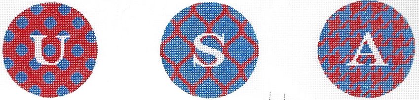 Kate Dickerson Needlepoint Collections Bright Disk Letters USA Set Of Three on One Canvas Needlepoint Canvas