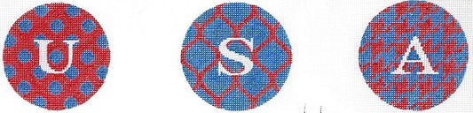 Kate Dickerson Needlepoint Collections Bright Disk Letters USA Set Of Three on One Canvas Needlepoint Canvas