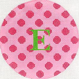 Kate Dickerson Needlepoint Collections Round Pink with Fuchsia Polka Dots Grass Green Letter Specify Letter Or Blank Needlepoint Canvas