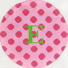 Kate Dickerson Needlepoint Collections Round Pink with Fuchsia Polka Dots Grass Green Letter Specify Letter Or Blank Needlepoint Canvas