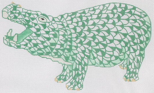 Kate Dickerson Needlepoint Collections Herend Hippo- Emerald with Gold Needlepoint Canvas
