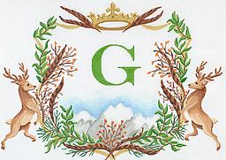 Kate Dickerson Needlepoint Collections Monogram Crest Stags with Pheasant Feathers Berries Mountains and Crown Specify Letter Or Blank Needlepoint Canvas