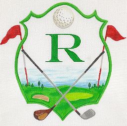 Kate Dickerson Needlepoint Collections Monogram Crest Golf Green with Clubs Flags and Ball Specify Letter Or Blank Needlepoint Canvas
