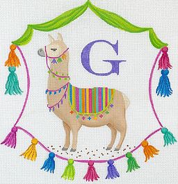 Kate Dickerson Needlepoint Collections Monogram Crest Llama with Blanket and Tassels Specify Letter Or Blank Needlepoint Canvas