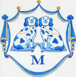 Kate Dickerson Needlepoint Collections Monogram Crest Staffordshire Dogs on Cushions Blues White and Gold Specify Letter Or Blank Needlepoint Canvas