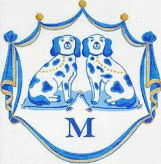 Kate Dickerson Needlepoint Collections Monogram Crest Staffordshire Dogs on Cushions Blues White and Gold Specify Letter Or Blank Needlepoint Canvas
