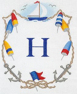 Kate Dickerson Needlepoint Collections Monogram Crest Sailboat Anchors Buoys and Rope Specify Letter Or Blank Needlepoint Canvas