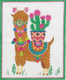 Kate Dickerson Needlepoint Collections Rebecca Jones Llama with Cactus Plant Pompoms and Tassels Needlepoint Canvas-13M