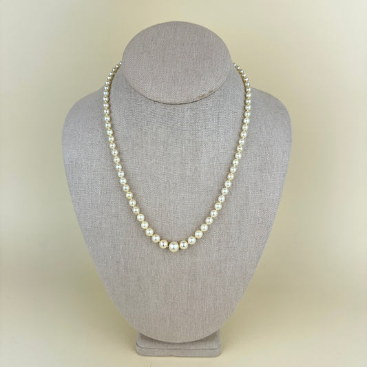 Vintage Graduated Single Strand Pearl Necklace with Sterling Silver and Pearl Clasp