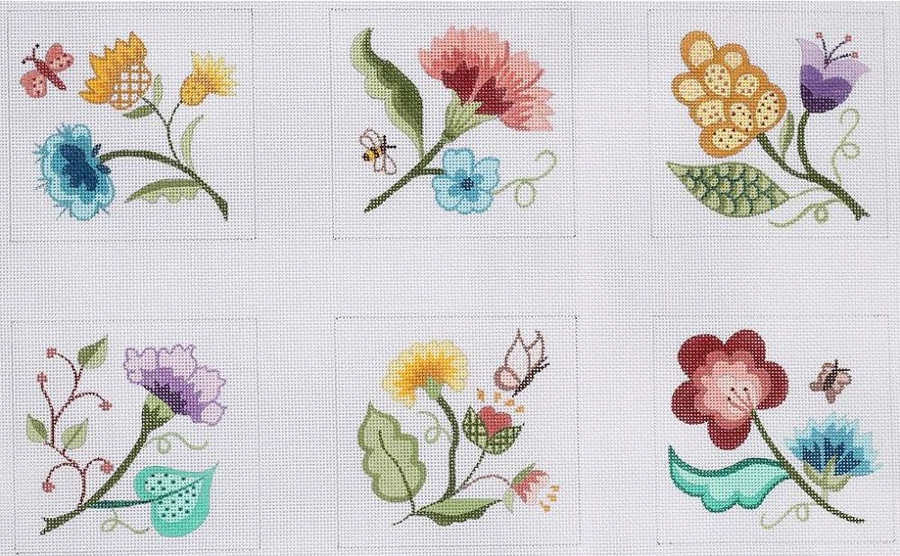 Kate Dickerson Needlepoint Collections Jacobean Flowers Coasters Needlepoint Canvas